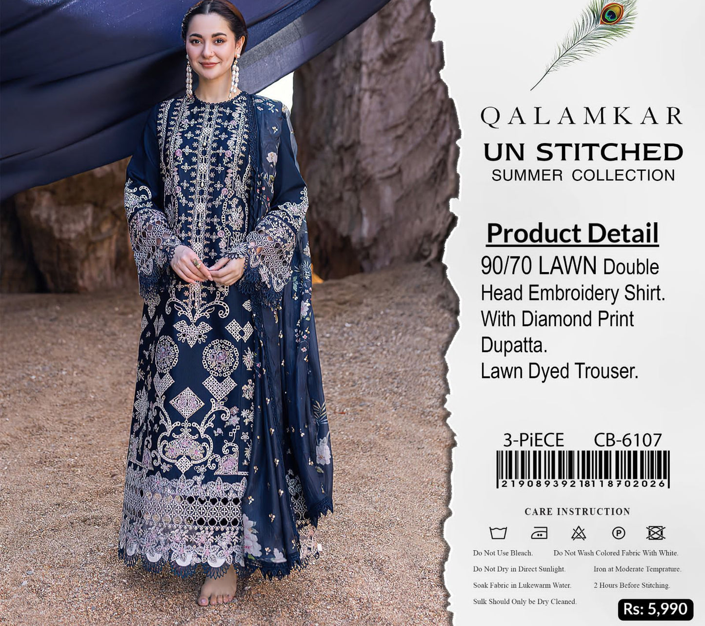 Qalamqar 6107 Luxury Airjet Lawn 3PC Suit – Heavy Embroidered Summer Collection with Voil Dupatta
