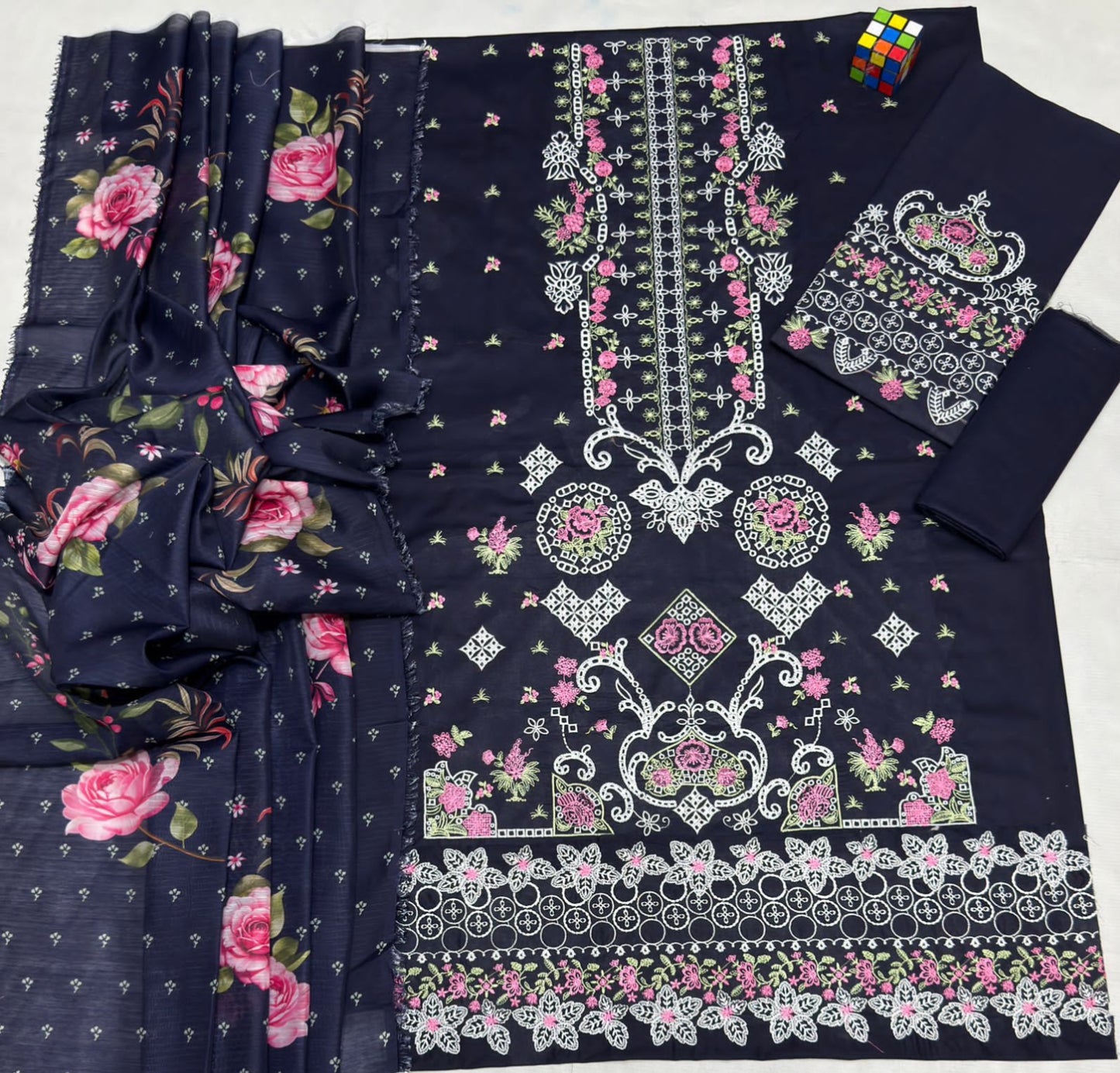 Qalamqar 6107 Luxury Airjet Lawn 3PC Suit – Heavy Embroidered Summer Collection with Voil Dupatta