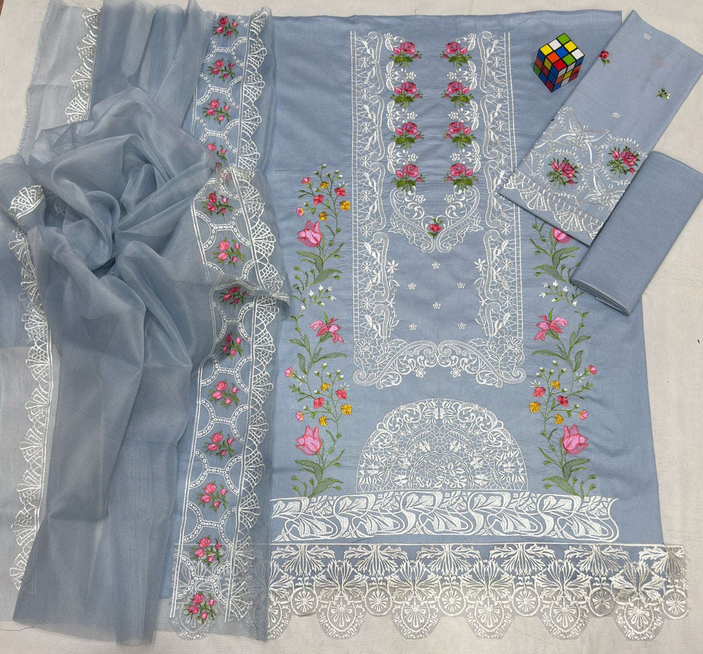 Elaf 6113 Luxury Embroidered Airjet Lawn 3PC Suit – Summer Collection with Khaadi Net Dupatta