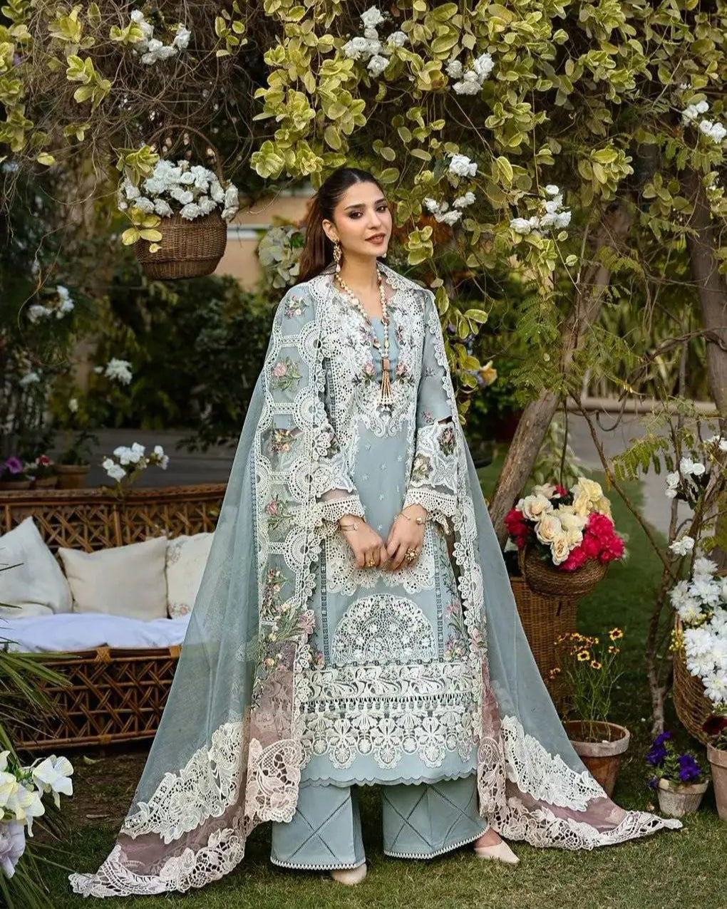 Elaf 6113 Luxury Embroidered Airjet Lawn 3PC Suit – Summer Collection with Khaadi Net Dupatta