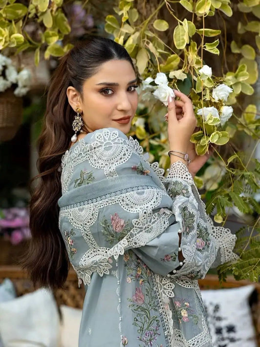 Elaf 6113 Luxury Embroidered Airjet Lawn 3PC Suit – Summer Collection with Khaadi Net Dupatta
