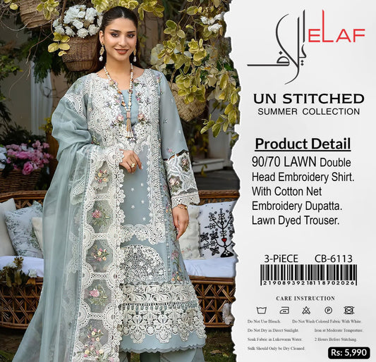Elaf 6113 Luxury Embroidered Airjet Lawn 3PC Suit – Summer Collection with Khaadi Net Dupatta