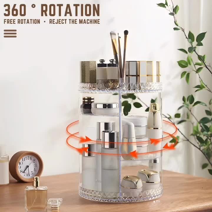 360° Rotating Acrylic Makeup Organizer – Multi-Tier Cosmetic Storage with Diamond-Cut Design