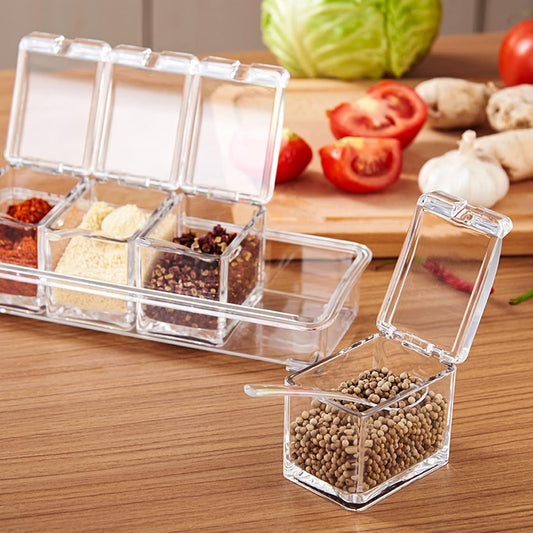 Crystal Seasoning Box 4 Compartments and Spoons for kitchen and dry fruits