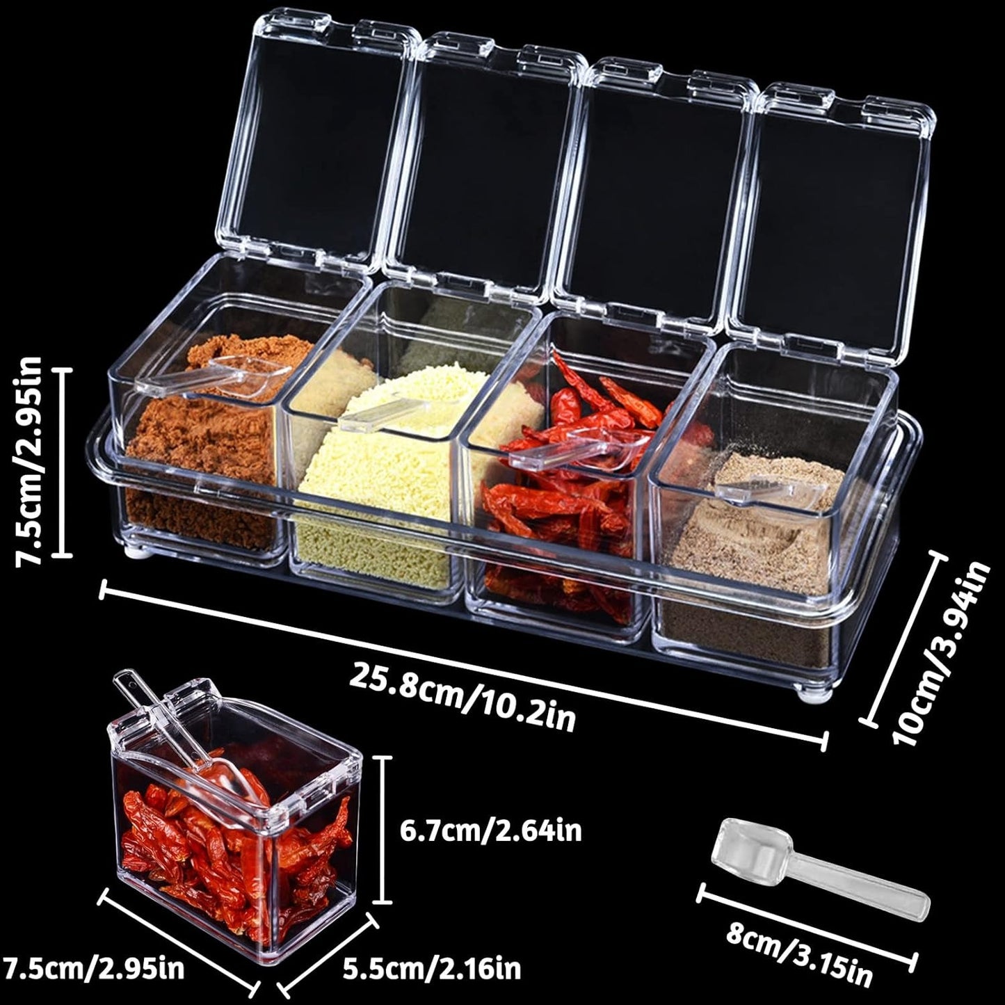 Crystal Seasoning Box 4 Compartments and Spoons for kitchen and dry fruits