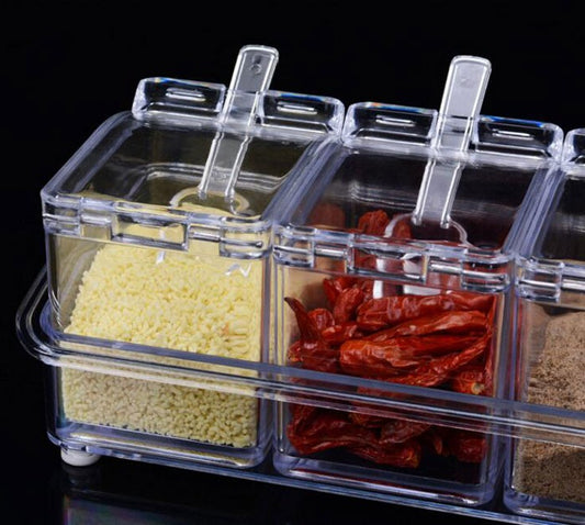 Crystal Seasoning Box 4 Compartments and Spoons for kitchen and dry fruits