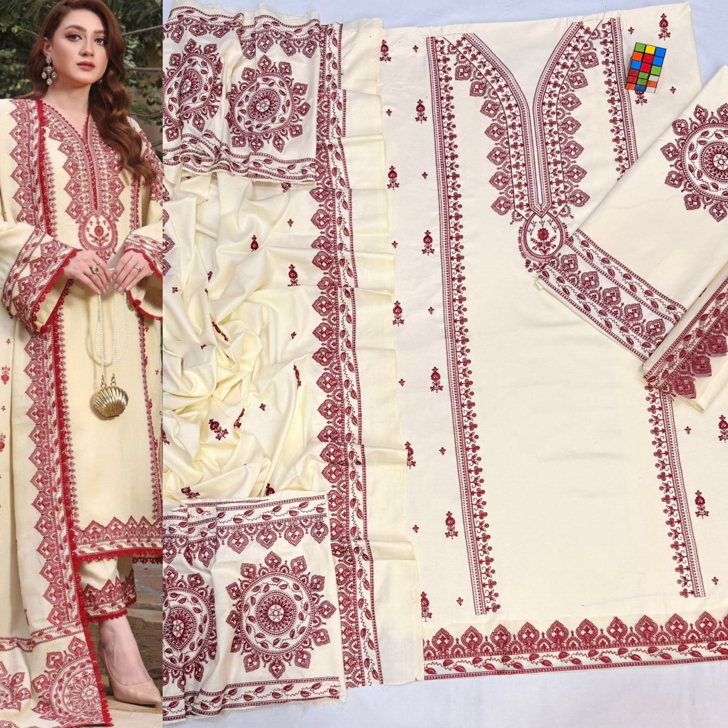 Winter Dhanak Heavy Embroidered Suit  3 PCS With Shawl Premium Quality