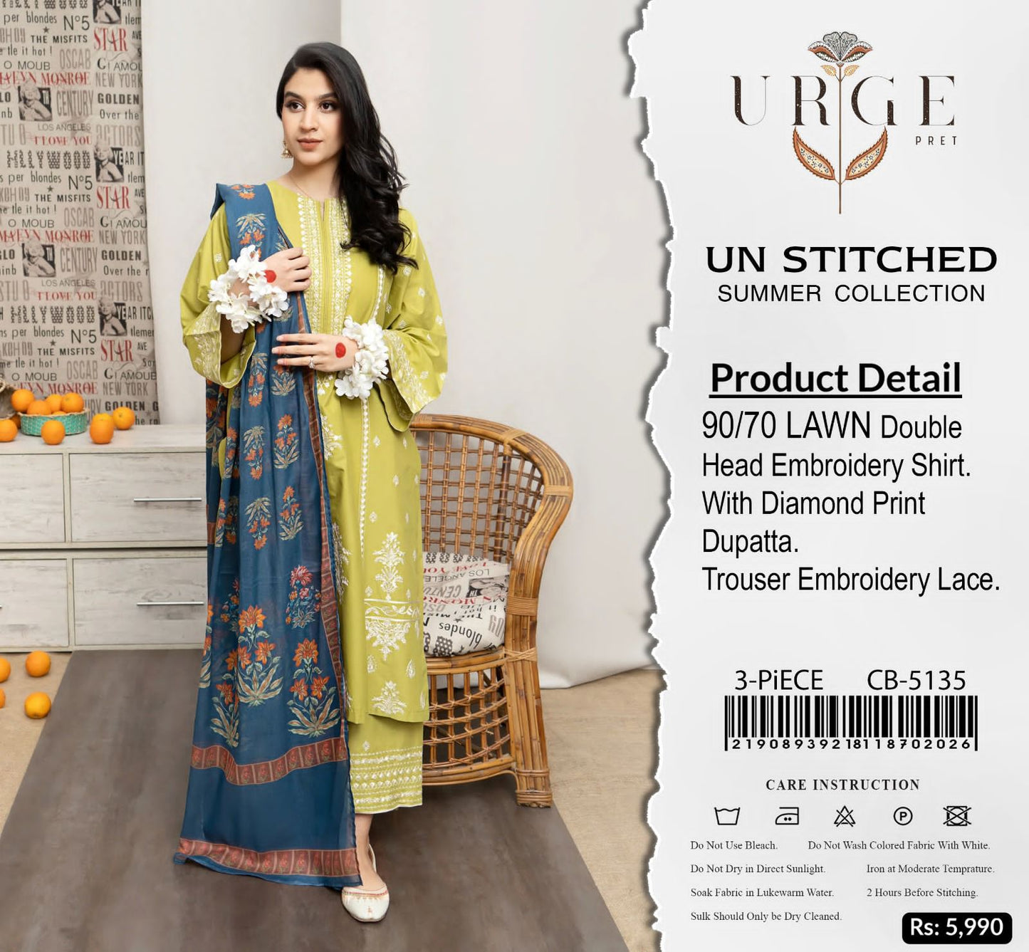 Urge 5135 Premium Summer Lawn 3PC Suit – Heavy Embroidered Airjet Lawn with Voil Dupatta