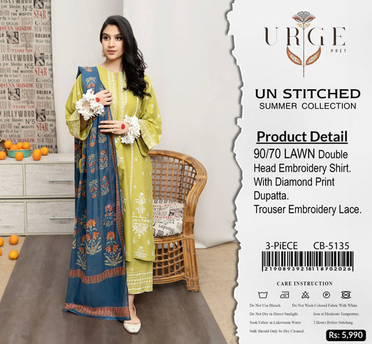 Urge 5135 Premium Summer Lawn 3PC Suit – Heavy Embroidered Airjet Lawn with Voil Dupatta