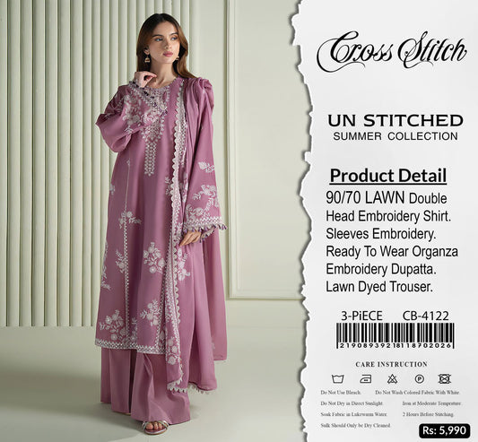 Cross Stitch 4122 Luxury Embroidered Airjet Lawn 3PC Suit with Organza Dupatta